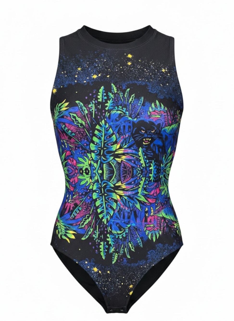 Hurley Neon Tropical Psychedelic Panther One Piece Swimsuit High Neck Size M